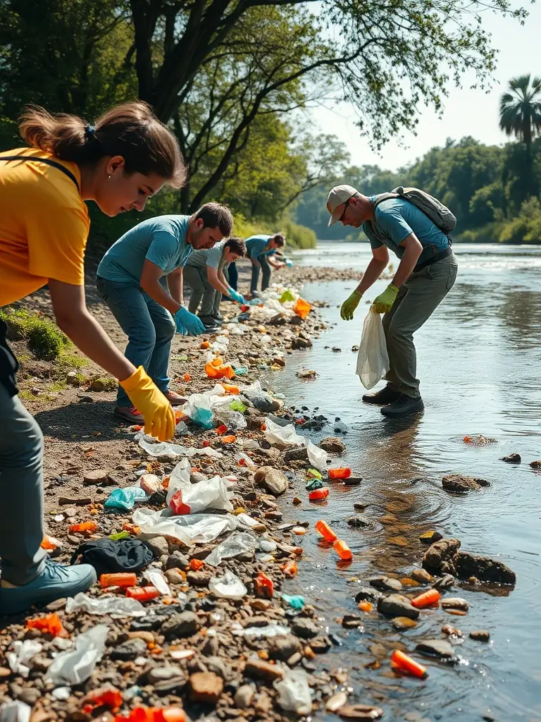 An image showing association members conducting a river cleanup activity, removing debris and plastic waste from the riverbanks, with the clear water and surrounding natural environment visible in the background.
