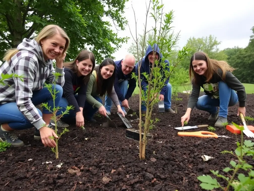 A group of volunteers planting trees in a deforested area, symbolizing reforestation efforts by the ASSOCIATION OF OWNERS AND HUNTERS OF PRAT.