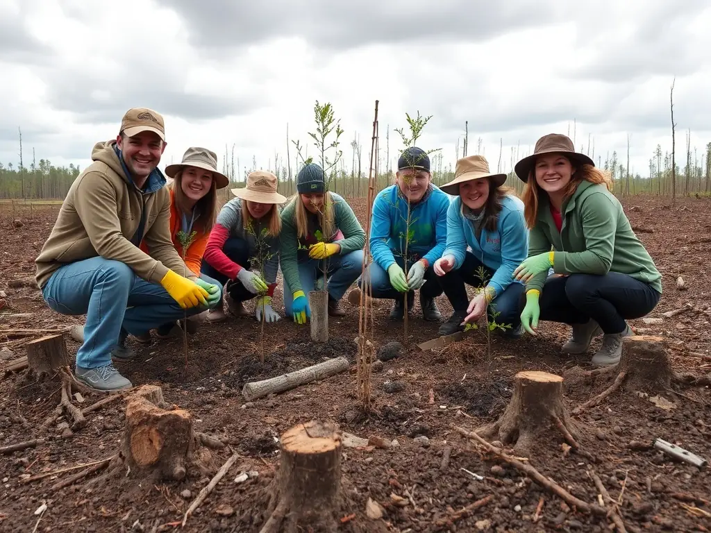 A group of volunteers planting trees in a deforested area, symbolizing the association's commitment to environmental conservation and reforestation efforts.