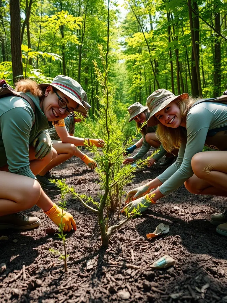 A photograph depicting association members planting trees in a deforested area, with saplings and shovels visible, symbolizing reforestation efforts and environmental stewardship in the Prat region.