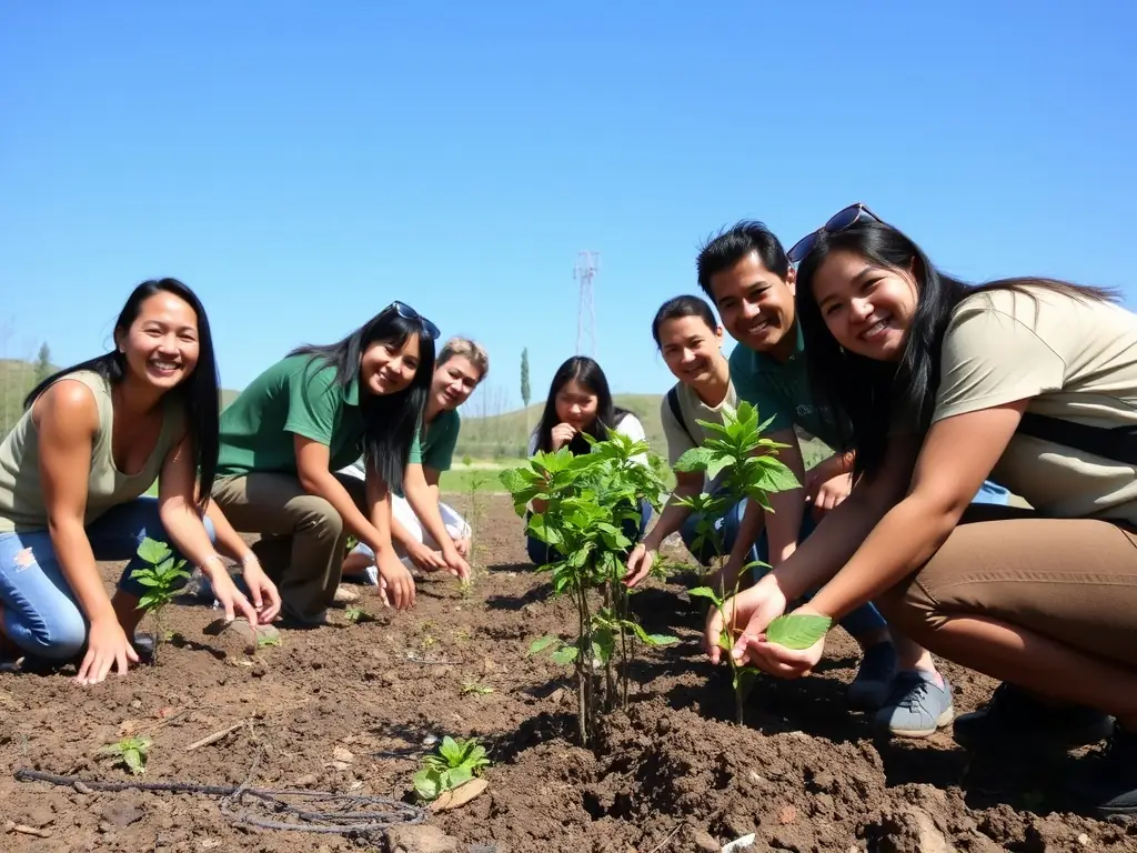 A group of volunteers planting trees in a deforested area, symbolizing the association's commitment to environmental restoration and habitat preservation.