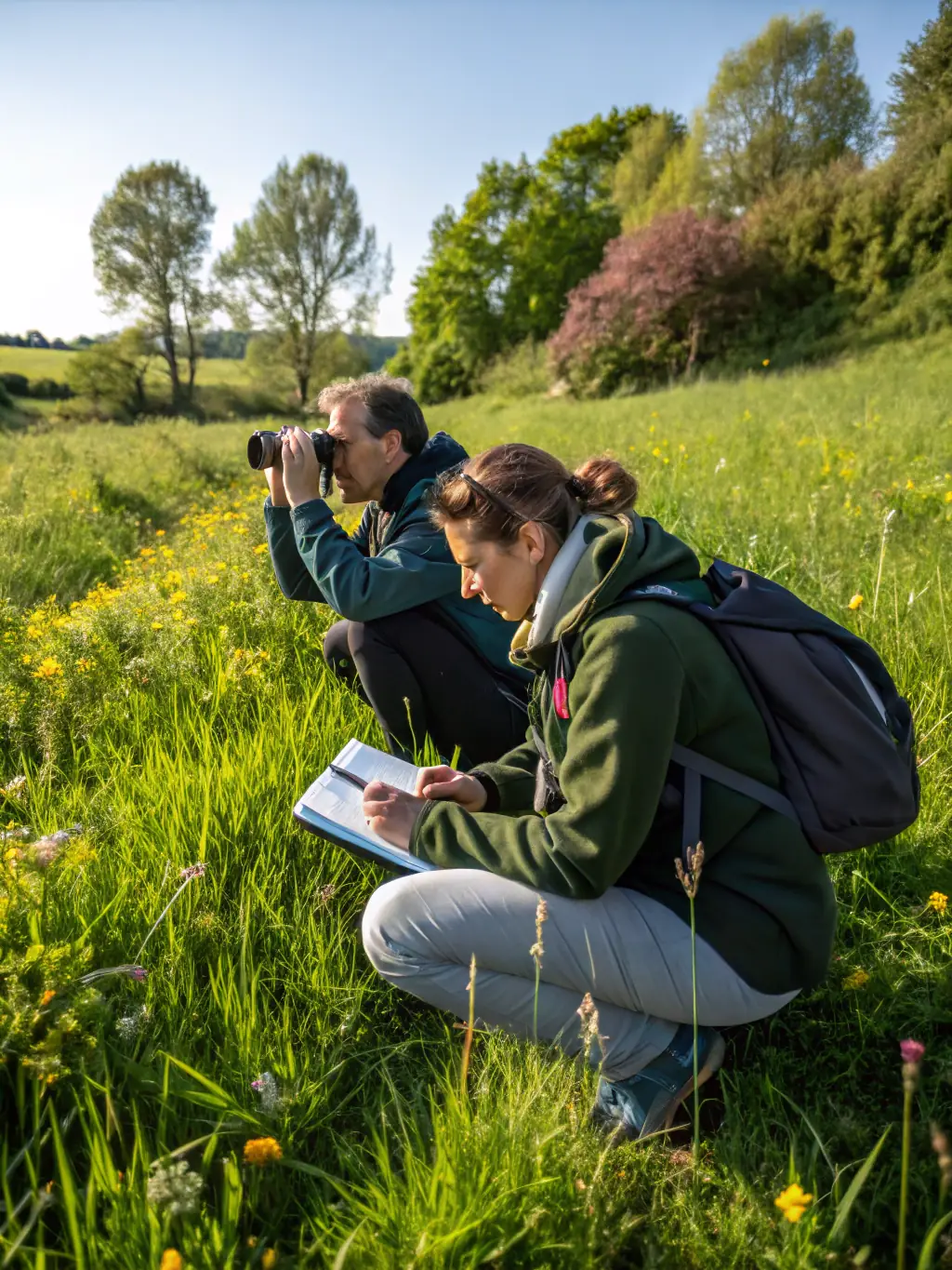 A photograph capturing a group of association members participating in a wildlife census in the Prat region, using binoculars and notebooks to record observations, set against a backdrop of lush greenery and rolling hills.