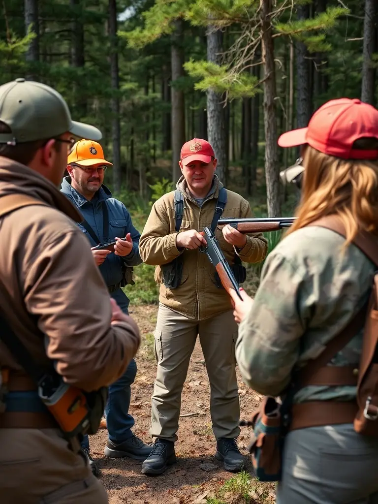 A photo of association members leading a workshop on responsible hunting practices, demonstrating safe firearm handling and ethical hunting techniques to a group of participants in a rural setting.
